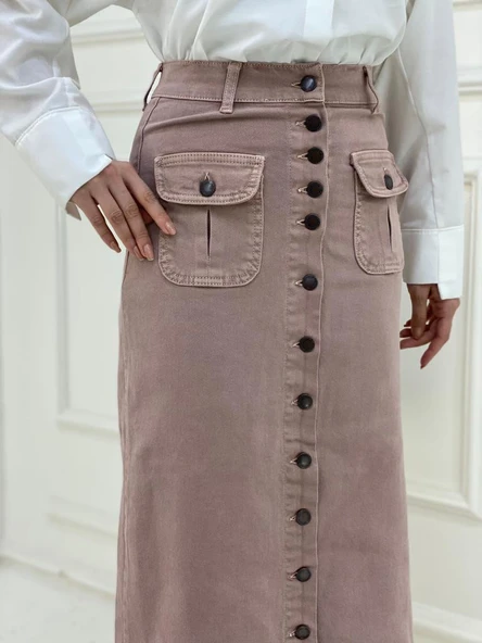 Boydan Düğmeli Körük Cepli Tesettür Etek - 6