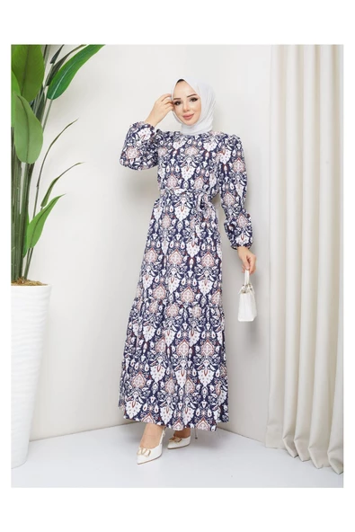 Terikoton Büzgülü Desenli Elbise - 8