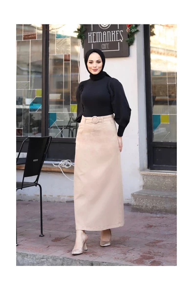 Cep Detaylı Kemerli Tokalı Gabardin Etek