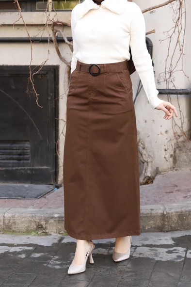 Cep Detaylı Kemerli Tokalı Gabardin Etek - 5