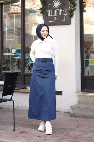 Cep Detaylı Kemerli Tokalı Gabardin Etek - 11