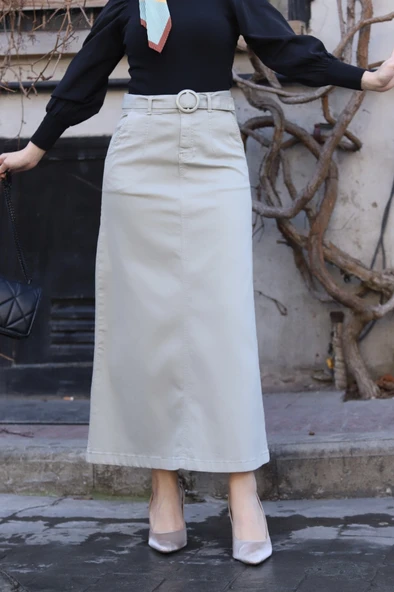 Cep Detaylı Kemerli Tokalı Gabardin Etek - 6