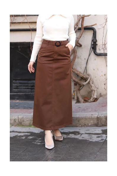 Cep Detaylı Kemerli Tokalı Gabardin Etek - 4