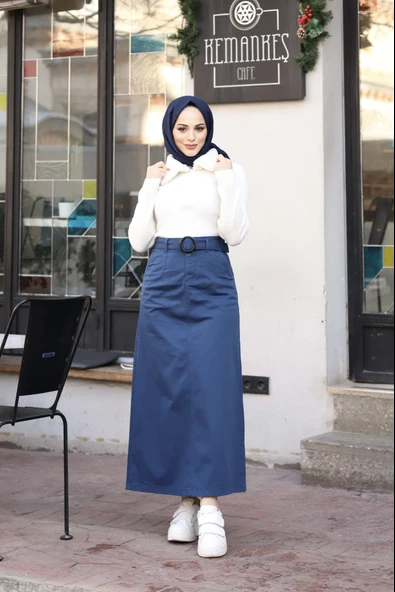 Cep Detaylı Kemerli Tokalı Gabardin Etek - 10