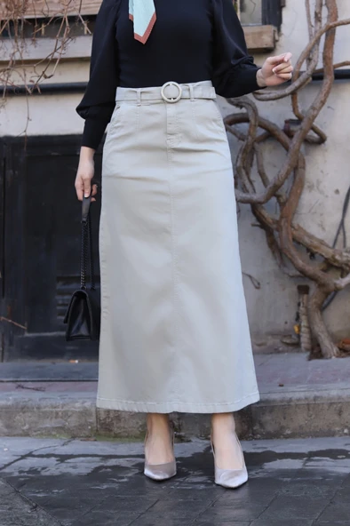 Cep Detaylı Kemerli Tokalı Gabardin Etek - 7