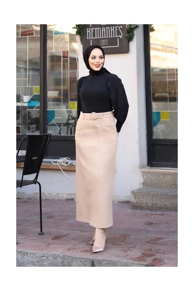 Cep Detaylı Kemerli Tokalı Gabardin Etek - 3