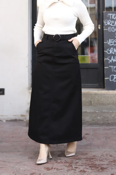 Cep Detaylı Kemerli Tokalı Gabardin Etek - 12