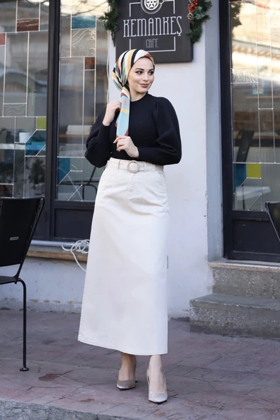 Cep Detaylı Kemerli Tokalı Gabardin Etek - 8