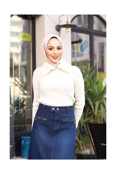 Beli Çıt Çıtlı Fermuar Cep Detaylı Kot Etek - 10