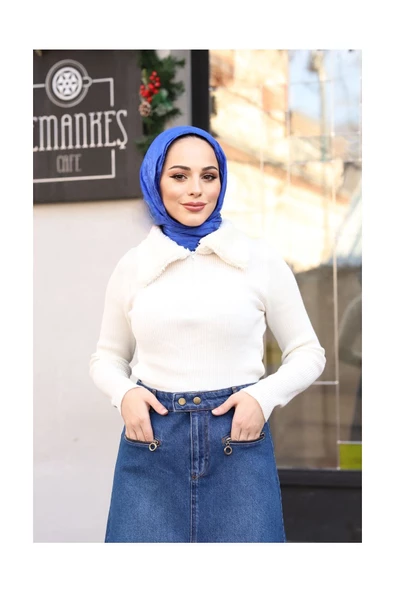 Beli Çıt Çıtlı Fermuar Cep Detaylı Kot Etek - 2