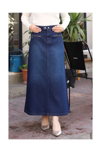 Beli Çıt Çıtlı Fermuar Cep Detaylı Kot Etek - 12