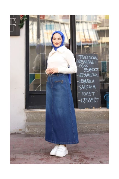 Beli Çıt Çıtlı Fermuar Cep Detaylı Kot Etek - 7