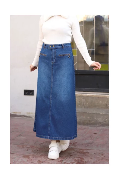 Beli Çıt Çıtlı Fermuar Cep Detaylı Kot Etek - 4