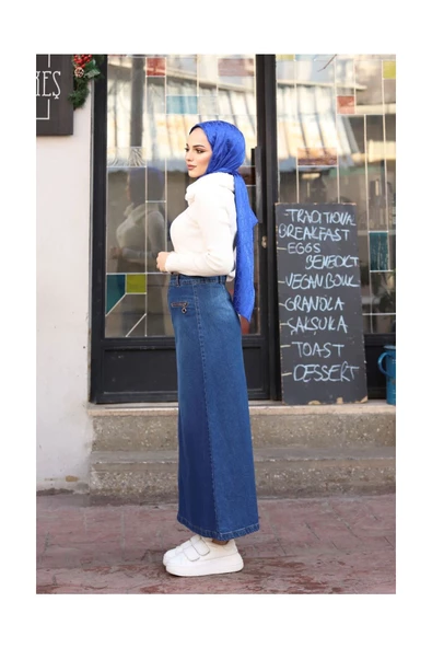 Beli Çıt Çıtlı Fermuar Cep Detaylı Kot Etek - 8