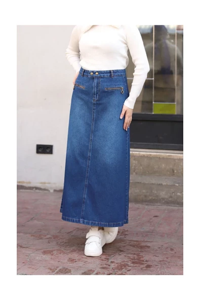 Beli Çıt Çıtlı Fermuar Cep Detaylı Kot Etek - 5