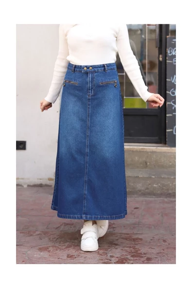 Beli Çıt Çıtlı Fermuar Cep Detaylı Kot Etek - 6