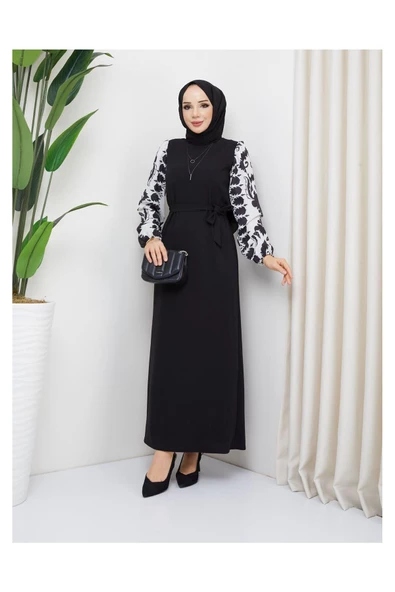 Yuvarlak Desenli Şifon Kollu Tuğba Model Elbise - Siyah - 12