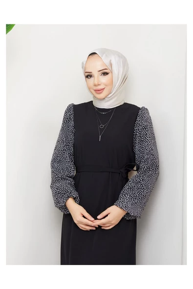 Yuvarlak Desenli Şifon Kollu Tuğba Model Elbise - Siyah - 4