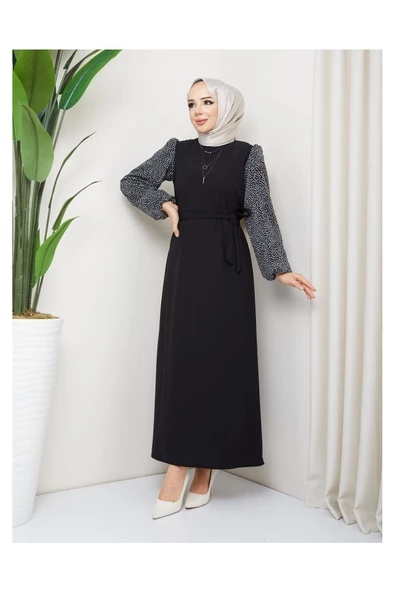 Yuvarlak Desenli Şifon Kollu Tuğba Model Elbise - Siyah - 2