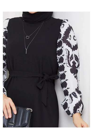 Yuvarlak Desenli Şifon Kollu Tuğba Model Elbise - Siyah - 11