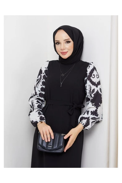 Yuvarlak Desenli Şifon Kollu Tuğba Model Elbise - Siyah - 10