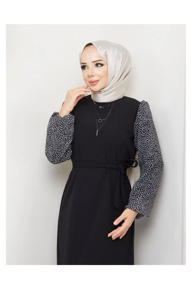 Yuvarlak Desenli Şifon Kollu Tuğba Model Elbise - Siyah - 3