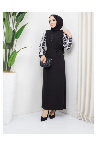 Yuvarlak Desenli Şifon Kollu Tuğba Model Elbise - Siyah - 9