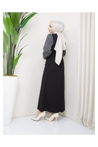 Yuvarlak Desenli Şifon Kollu Tuğba Model Elbise - Siyah - 8