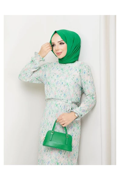 Piliseli Viscon Kumaş Çiçek Desenli Elbise- Yeşil - 7