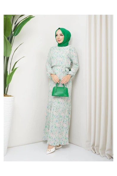 Piliseli Viscon Kumaş Çiçek Desenli Elbise- Yeşil - 3