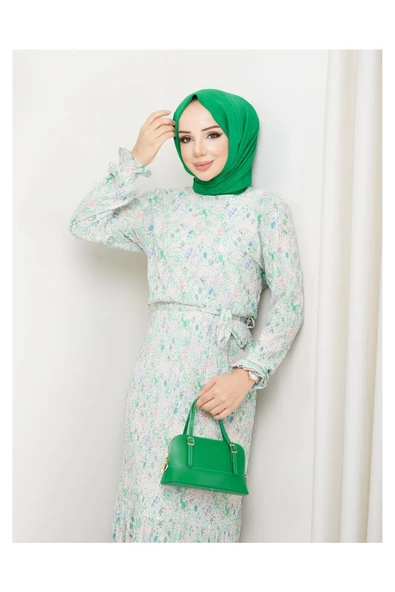 Piliseli Viscon Kumaş Çiçek Desenli Elbise- Yeşil - 2