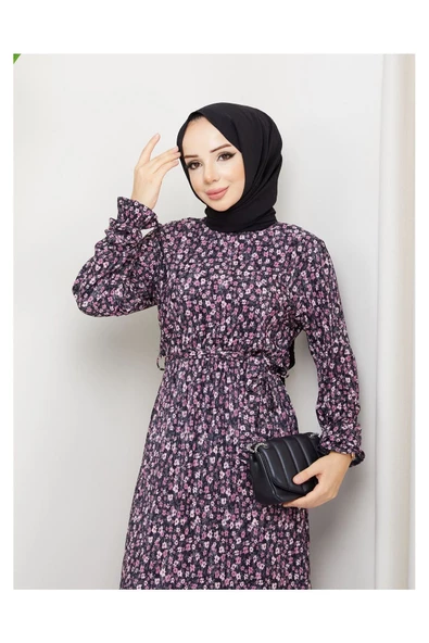 Piliseli Viscon Kumaş Çiçek Desenli Elbise- Yeşil - 11