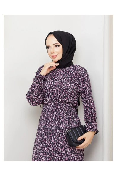 Piliseli Viscon Kumaş Çiçek Desenli Elbise- Yeşil - 12