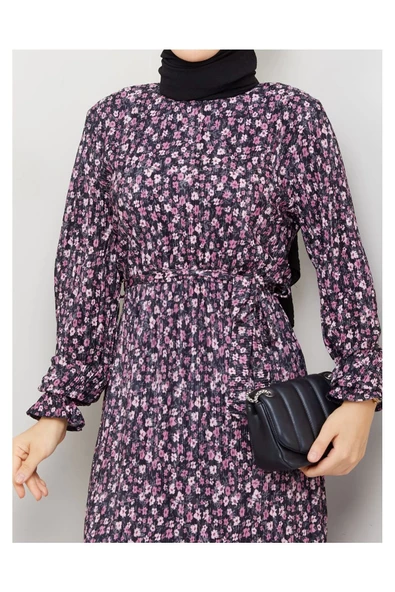 Piliseli Viscon Kumaş Çiçek Desenli Elbise- Yeşil - 10