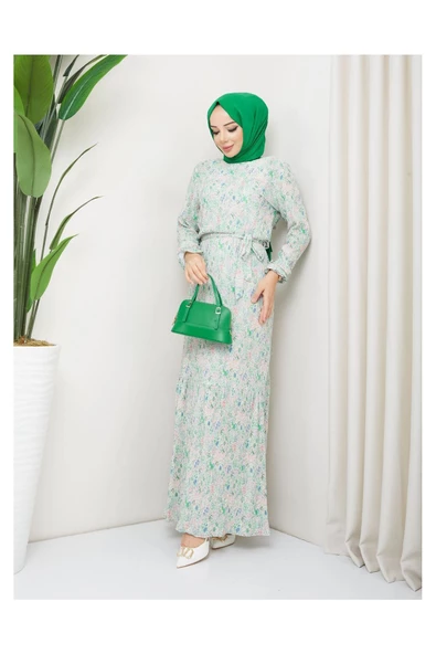 Piliseli Viscon Kumaş Çiçek Desenli Elbise- Yeşil - 5