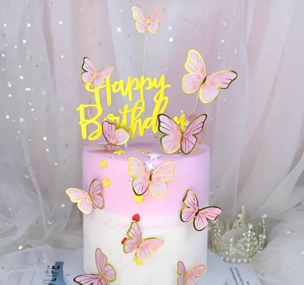 Pasta Üstü Dekoratif Çubuklu Kağıt Kelebek Süs Varaklı Pembe 11 li - 2