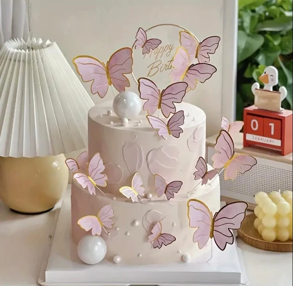 Pasta Üstü Dekoratif Çubuklu Kağıt Kelebek Süs Varaklı Pembe 11 li - 3