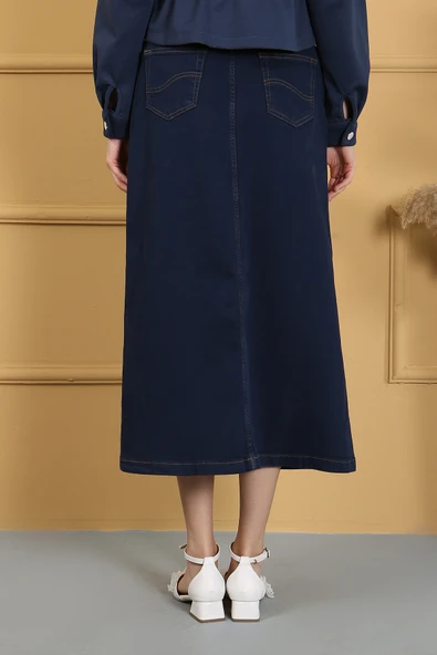 Doğal Kumaşlı Kemerli Kot Etek- Siyah - 9