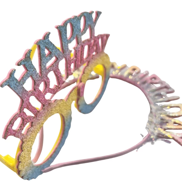 Plastik Happy Bırthday Simli Taç Gözlük Renkli 2 li Set - 2