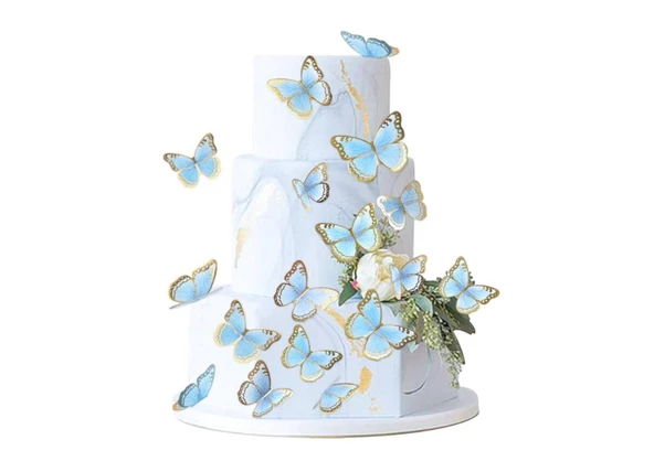 Pasta Üstü Dekoratif Çubuklu Kağıt Kelebek Süs Varaklı Mavi 11 li - 5