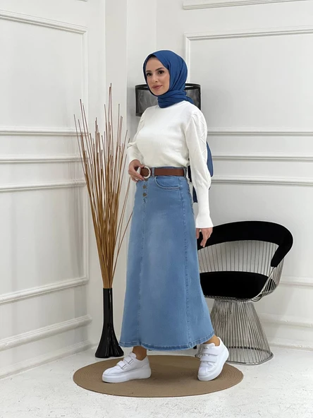 Doğal Kumaşlı Kemerli Kot Etek- Siyah - 6