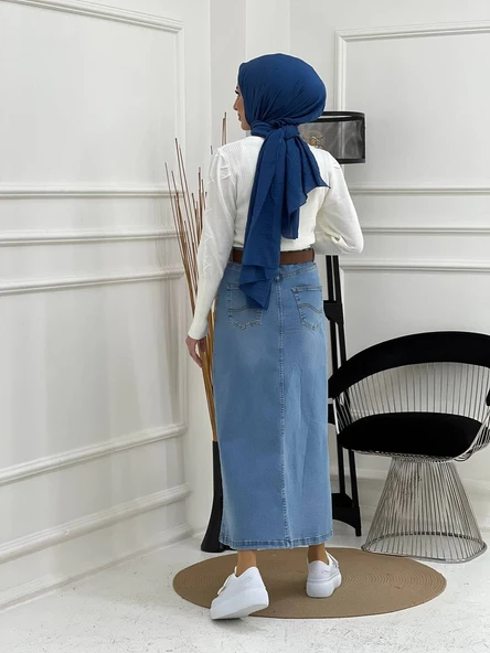 Doğal Kumaşlı Kemerli Kot Etek- Siyah - 8