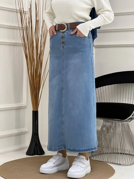 Doğal Kumaşlı Kemerli Kot Etek- Siyah - 4