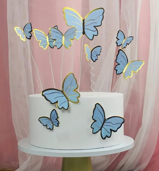 Pasta Üstü Dekoratif Çubuklu Kağıt Kelebek Süs Varaklı Mavi 11 li - 3