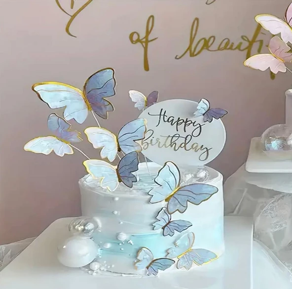 Pasta Üstü Dekoratif Çubuklu Kağıt Kelebek Süs Varaklı Mavi 11 li - 4