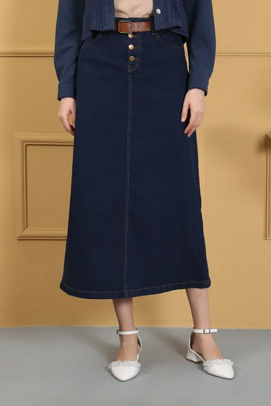 Doğal Kumaşlı Kemerli Kot Etek- Siyah - 5