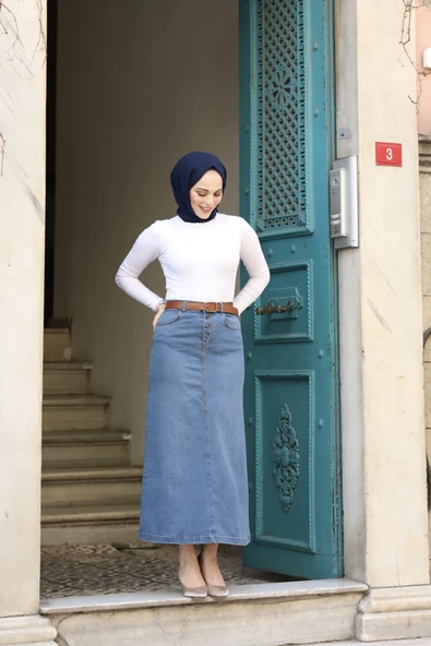 Doğal Kumaşlı Kemerli Kot Etek- Siyah - 12