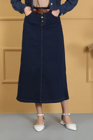 Doğal Kumaşlı Kemerli Kot Etek- Siyah - 7