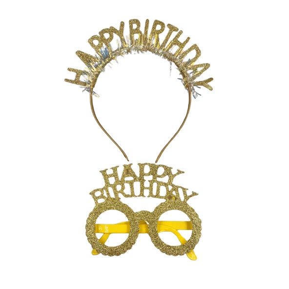 Plastik Happy Bırthday Simli Taç Gözlük Gold 2 li Set