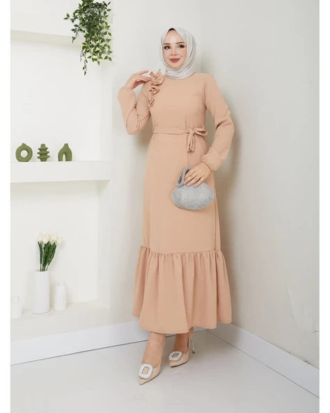 Krep Kumaş Omuz Fırfırlı Elbise - 7